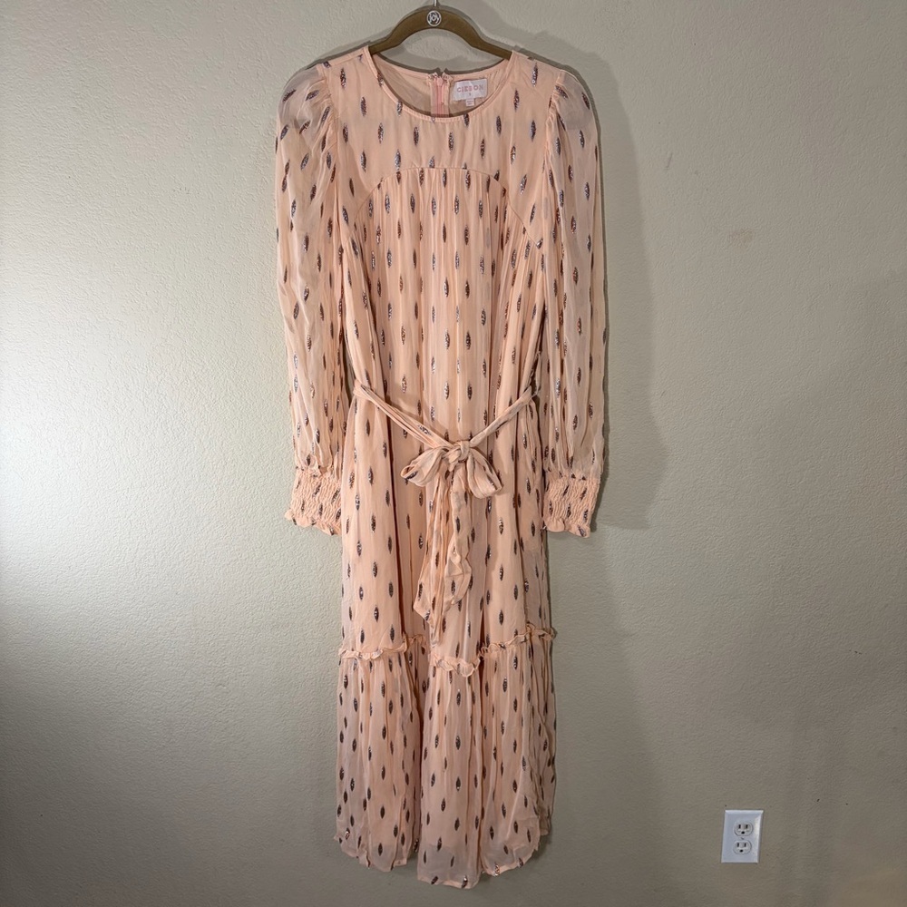 CIEBON Eryn Blush Metallic Print Tie Waist Long Sleeve Maxi Dress Sz S Cottage - Picture 3 of 12